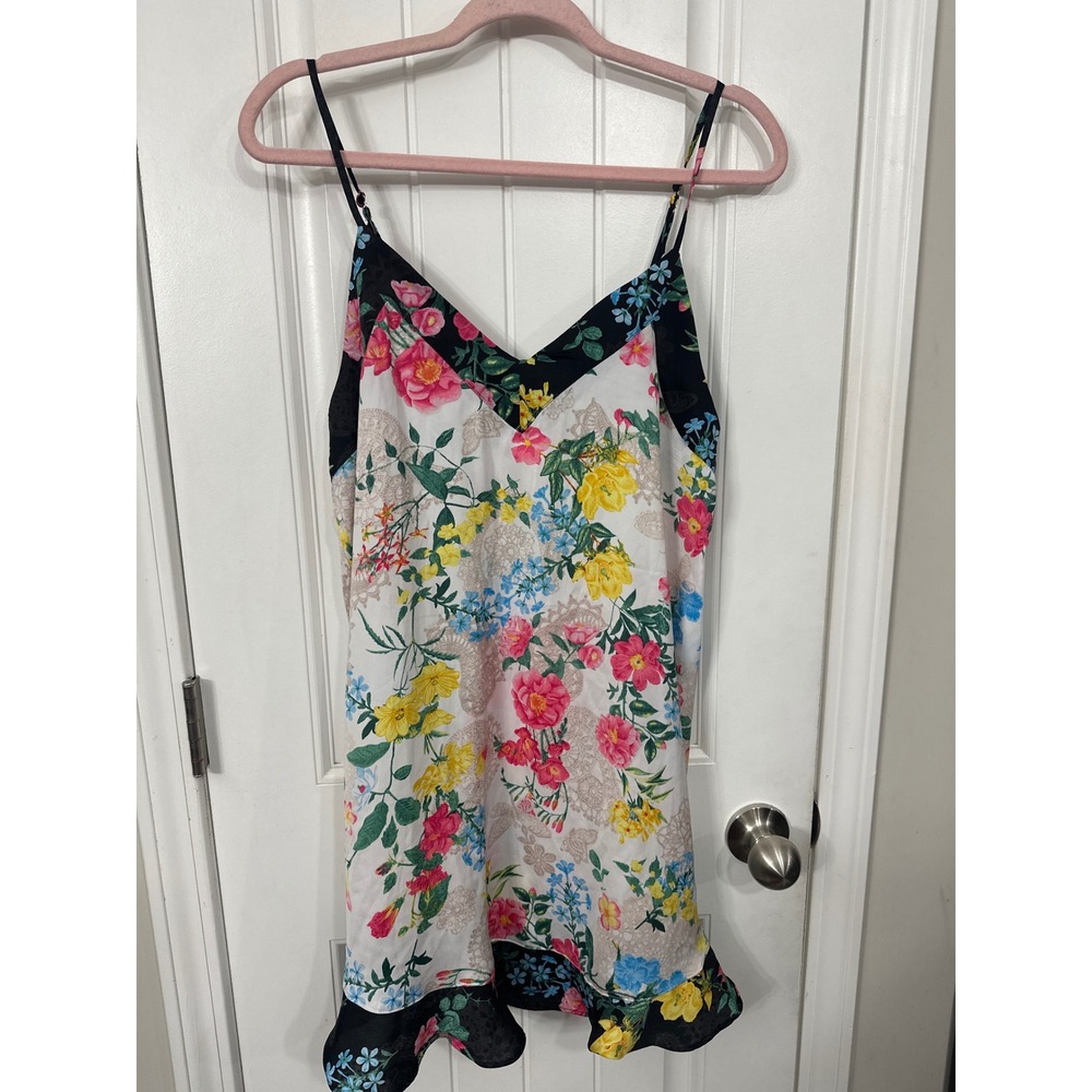 Betsey Johnson Floral Satin Chemise Nightgown Medium Ruffle Hem‎ Cage Back Slip